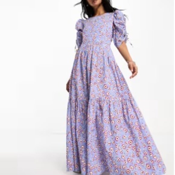 HUGO BOSS Debest Floral Maxi Dress in Blue/Red Ditsy Open Miscellaneous NWT sz12 - Picture 1 of 10